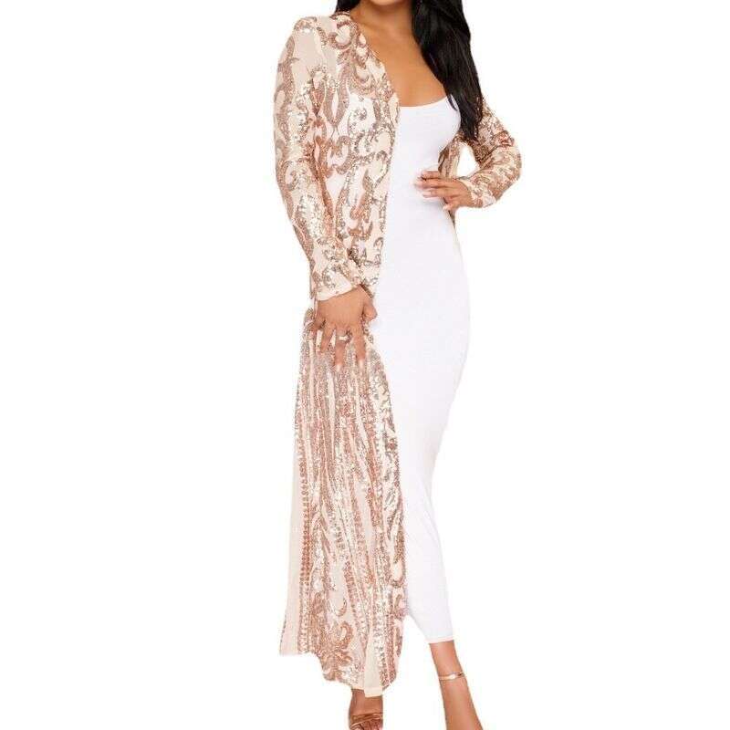 Dance Performance Long Sleeve Sequins See-through Gauze Beaded Cardigan