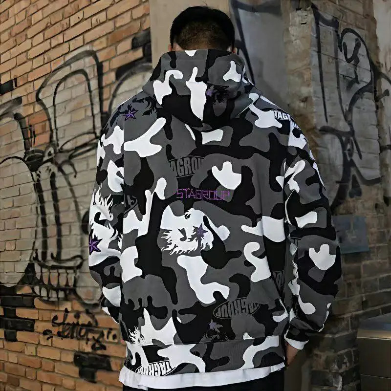 Star Camouflage Mens Hooded Sweater Retro Trend American Street Harajuku Goth Fashion Hip Hop Graffiti Couple Zipper Coat 250813