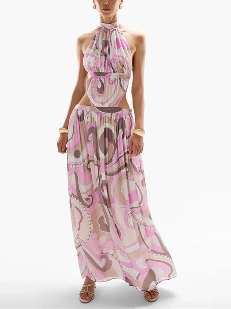 Irregular Printed Womens Long Dresses Sleeveless Backless Sexy Dress Halter Neck Top Beach Vacation Style Big Hem Lady Outsuits 250812