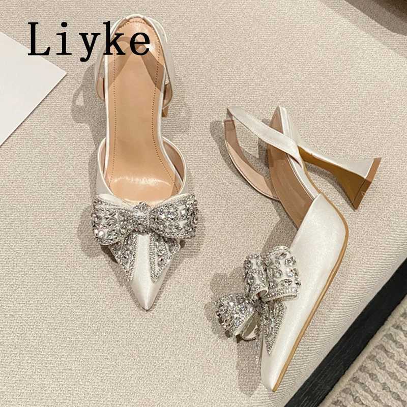 L ik e Spring Summer Fashion Rhinestone Bowknot Women Pumps Sexy Silk Pointed Toe Strange High Heels Party Prom Shoes Gold Silver W250814