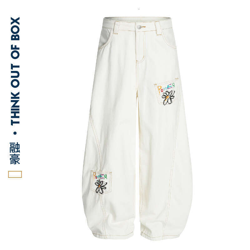 Trendy Floral Graffiti Cargo Multi-Pocket Design Wide-Leg Scimitar Unisex Versatile Neutral White Casual Long Pants B5