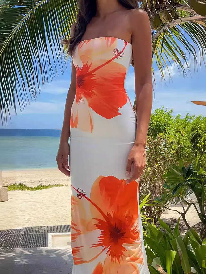 2025 Womens Fashion Sexy Flower Print Strapless Long Dress Summer Vacation Elastic High Waist Slim Fit Party Evening Dress XJ250814