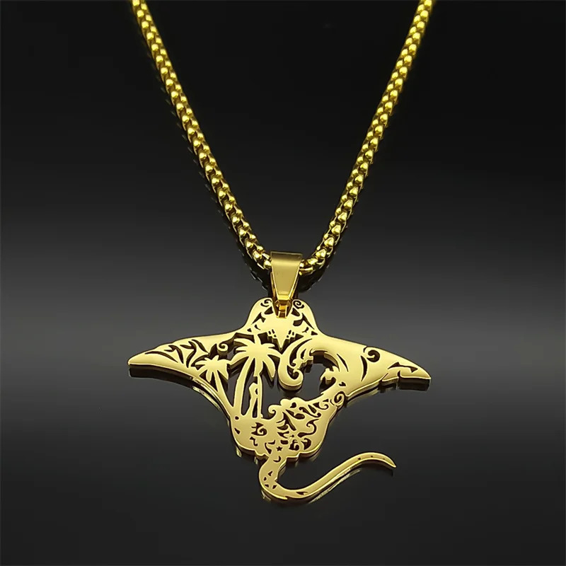 Cute Manta Ray Sea Devil Fish Pendant Necklace For Women Men Stainless Steel Gold Silver Color Coconut Tree Nature Chain Jewelry 250812