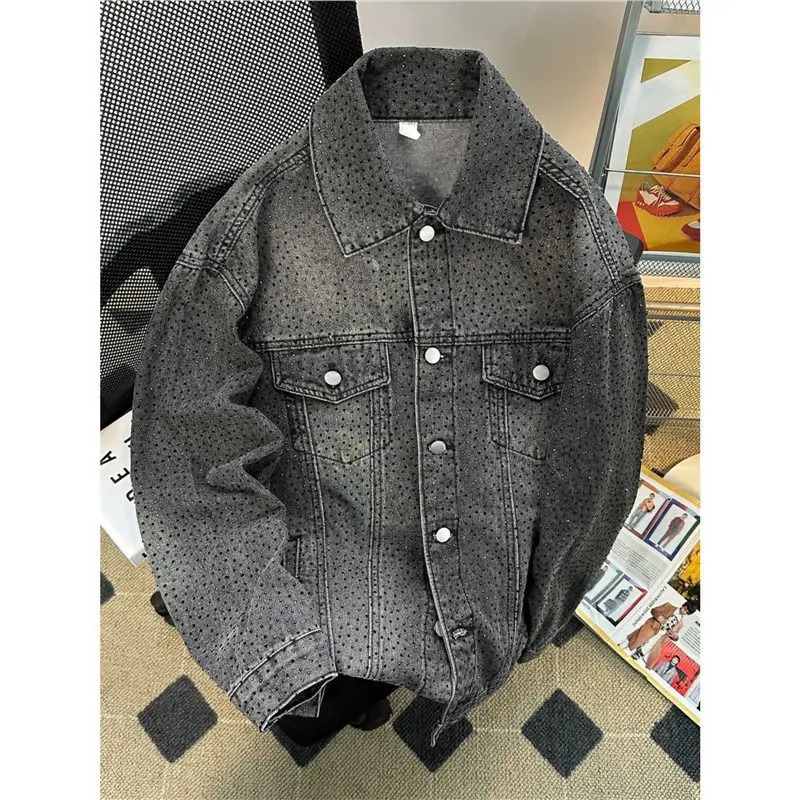 Mens American-style Heavy-duty Rhinestone Denim Jackets Loose and Casual Single-breasted Couple Jackets for Spring and Autumn. 250811