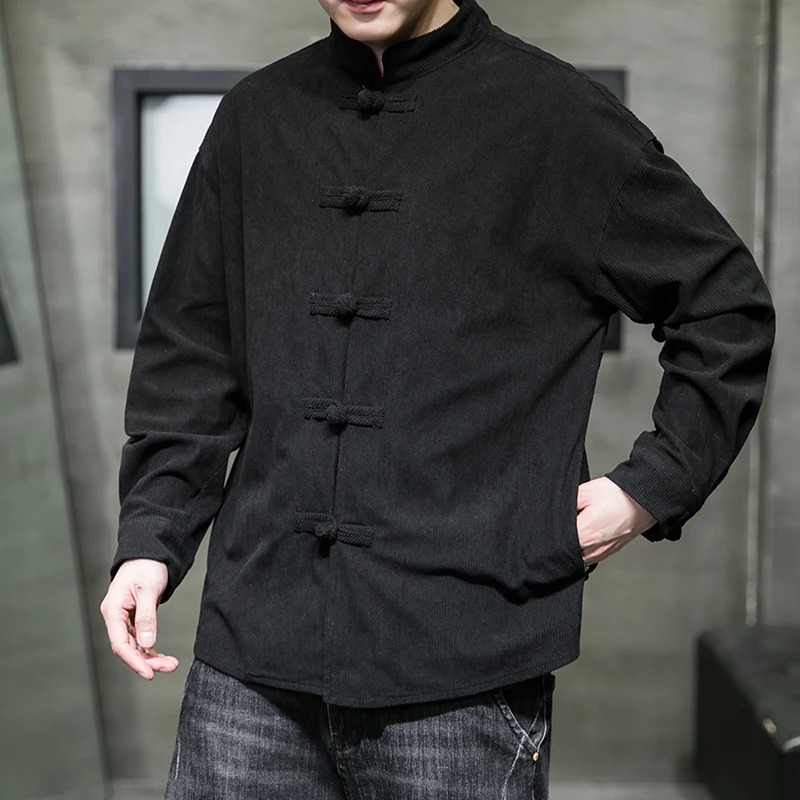 chinese style solid color Shirts for Men Corduroy Buckle Long-sleeved Shirt Autumn and Winter Tang Coat Zhongshan Coat 250813
