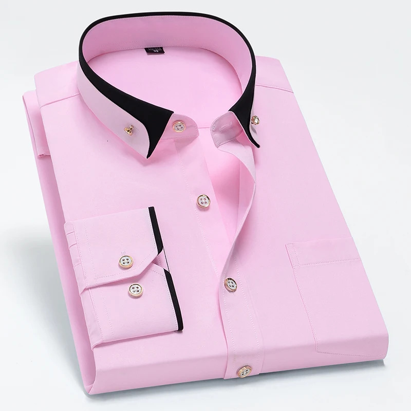 Mens Business Shirt Long Sleeve Spring Autumn Contrast Collar Paired With Diamond Anti Wrinkle Buttoned Pink For Wedding 250813