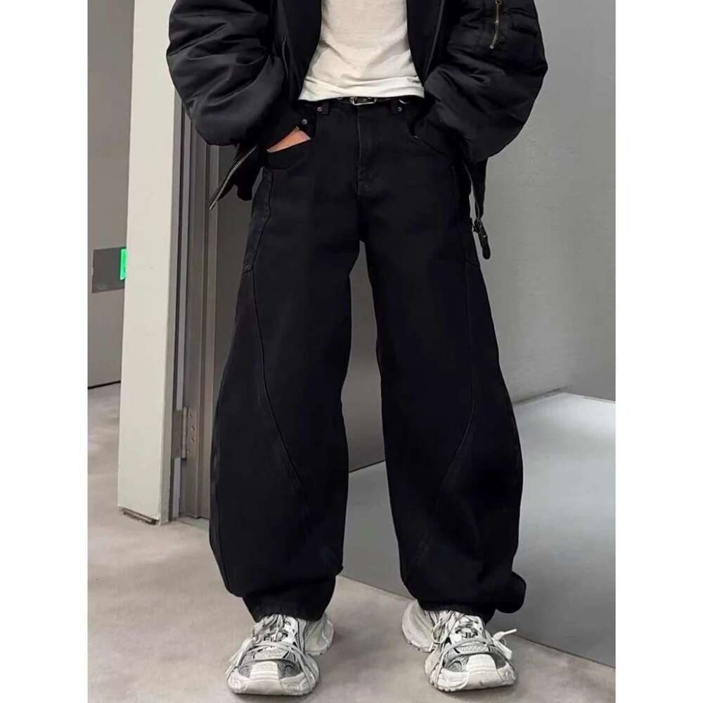 Washed Loose Scimitar Denim Pants Casual Deconstructed Niche Trend B5