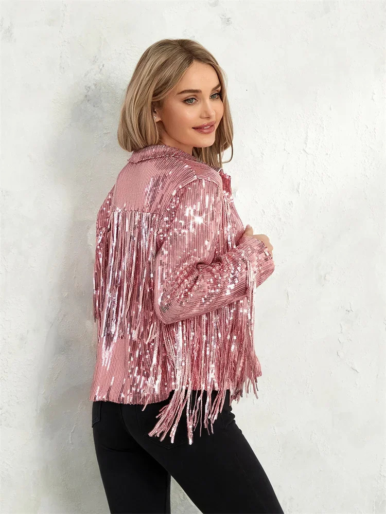 Women Sequin Jackets Fashion Tassel Sparkly Long Sleeve Lapel Open Front Coats Y2K Blazer Gothic Grunge Punk E Girl Outerwear 250813