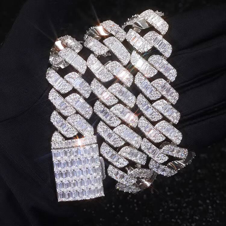 Hip Hop Fine Jewelry 925 Sterling Silver Baguette GRA Moissanite Diamond Cuban Chain Necklace for Rapper Men