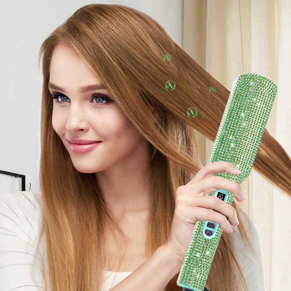 Rhinestone Flat Iron Titanium Hair Straightener Dual Voltage Iron Professional Hair Tools LCD Display 2 Inch Plate Irons W250814