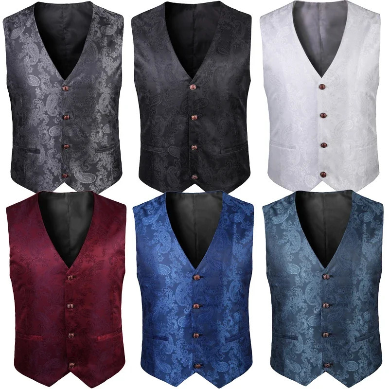 2025 Highend Vneck Jacquard Black Vest for Men White Sleeveless Waistcoat Silver Billiards Uniform male Magician Vests 250805