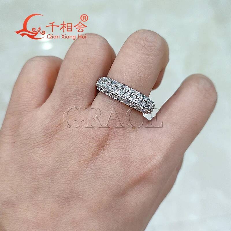 S925 Sterling Silver Three Row Thick Ring with White Color round Moissanite Half Band for Jewelry Making And Wedding