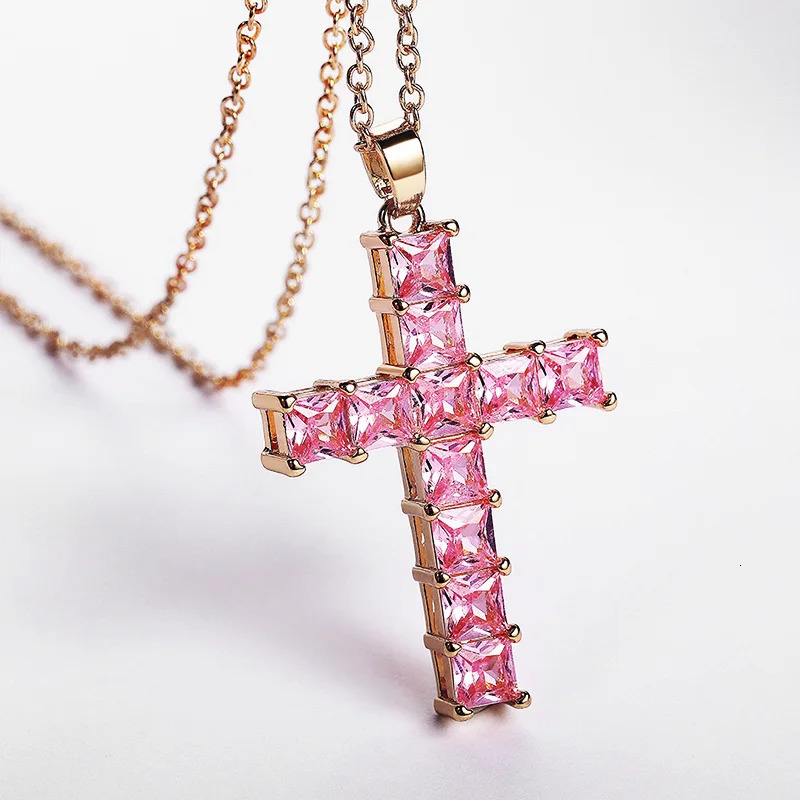 Huitan Female Cross Necklace Inlaid White/Pink Cubic Zirconia Fashionable Versatile Women Necklace for Party Jewelry 250812