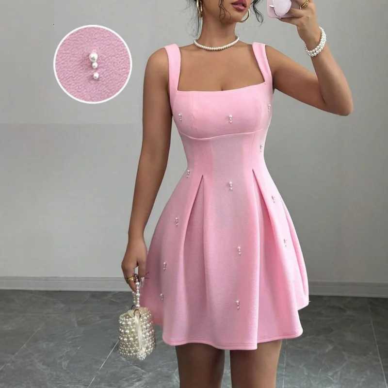 2025 Summer Women Ele Pink Suspender A-Line Dress Square Neck Slimming With Pearl Decoration Womens Sweet Party Dress XJ250814