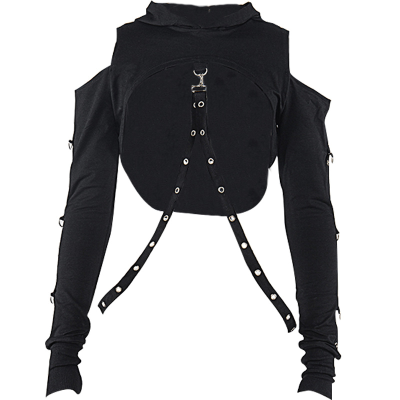 Stage Wear Dark Punk Style Women's Short Hoodie Sweatshirt round Neck Long Sleeve Belly Baring Mesh Fashion Top