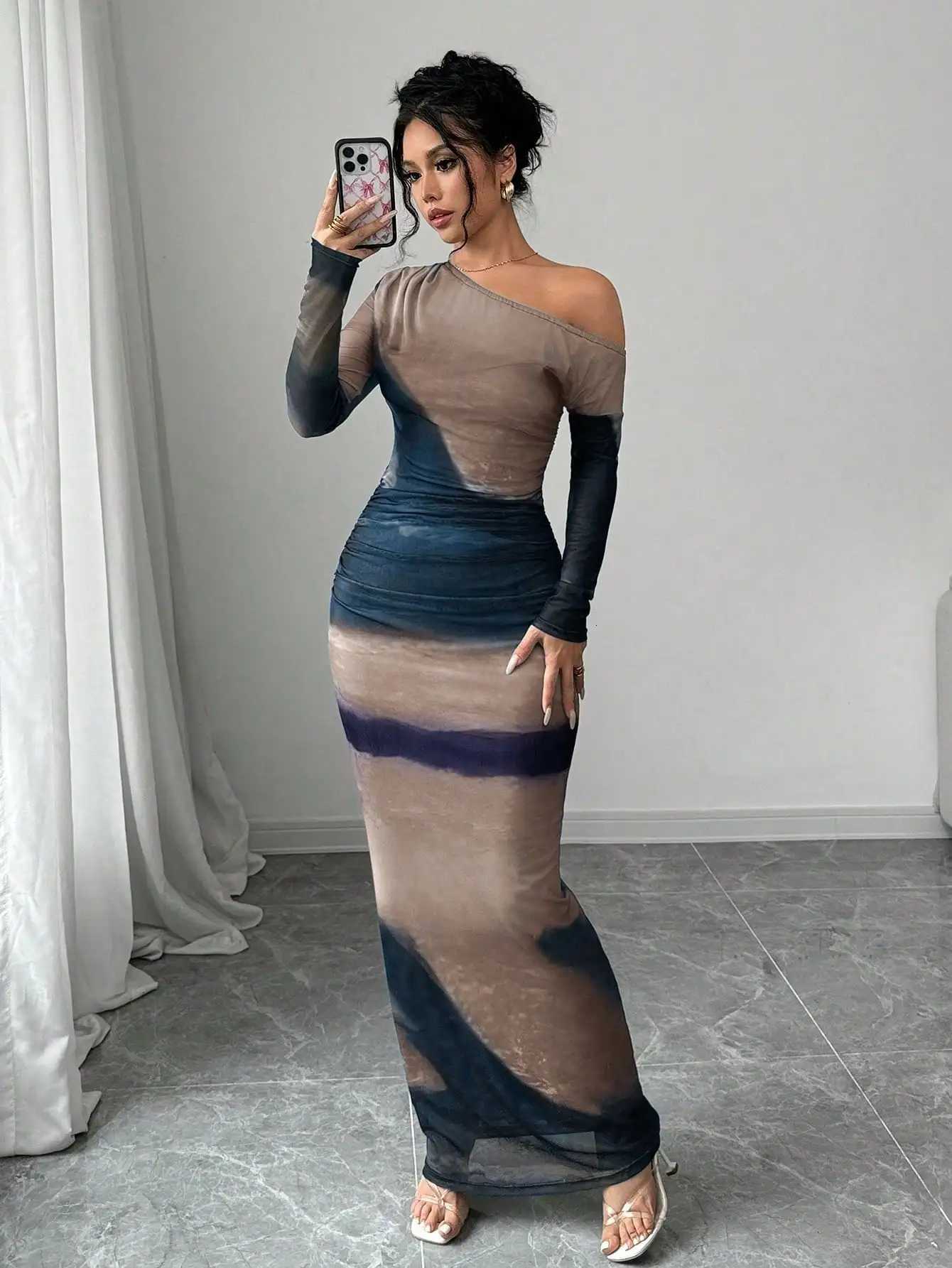 Long Tie-Dye Green Foldover One Shoulder Pleated Bodycon Maxi Dress Women OutfitXJ250814