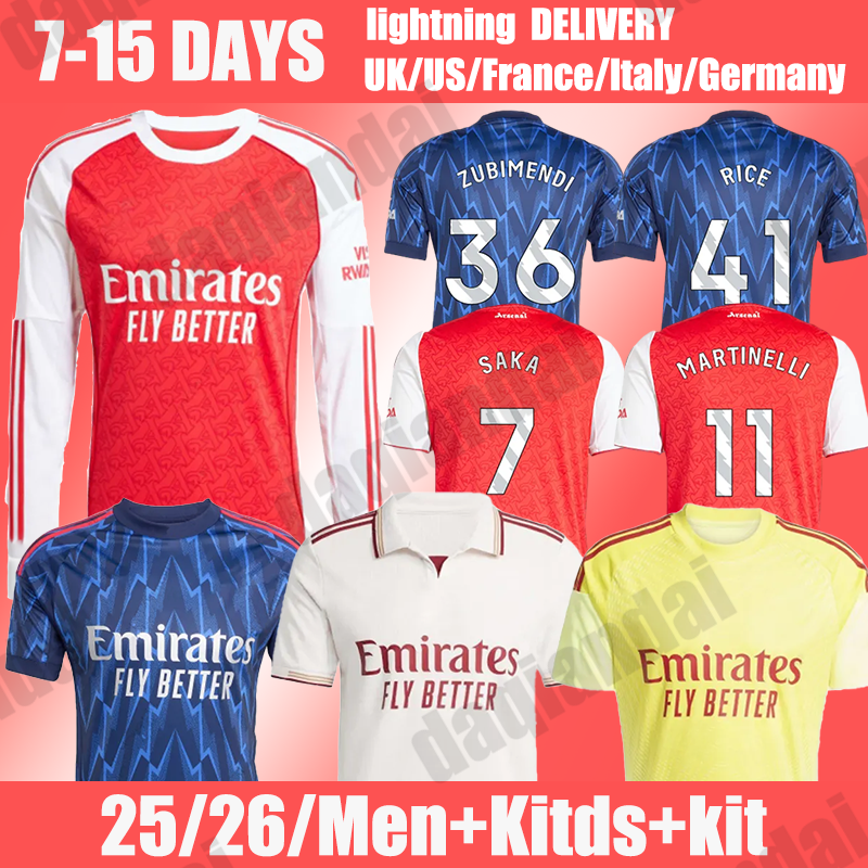 25 26 Soccer Jerseys arsenalfootball kits white #4 RICE #41 S A K A #7 25 26 2025 Football Shirt Men Kids Sets Kit