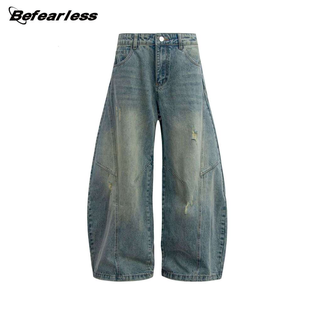 American Style Washed Vintage Cat Whisker Silhouette Jeans Unisex Trendy Loose Fit Floor-Length Scythe Pants B5