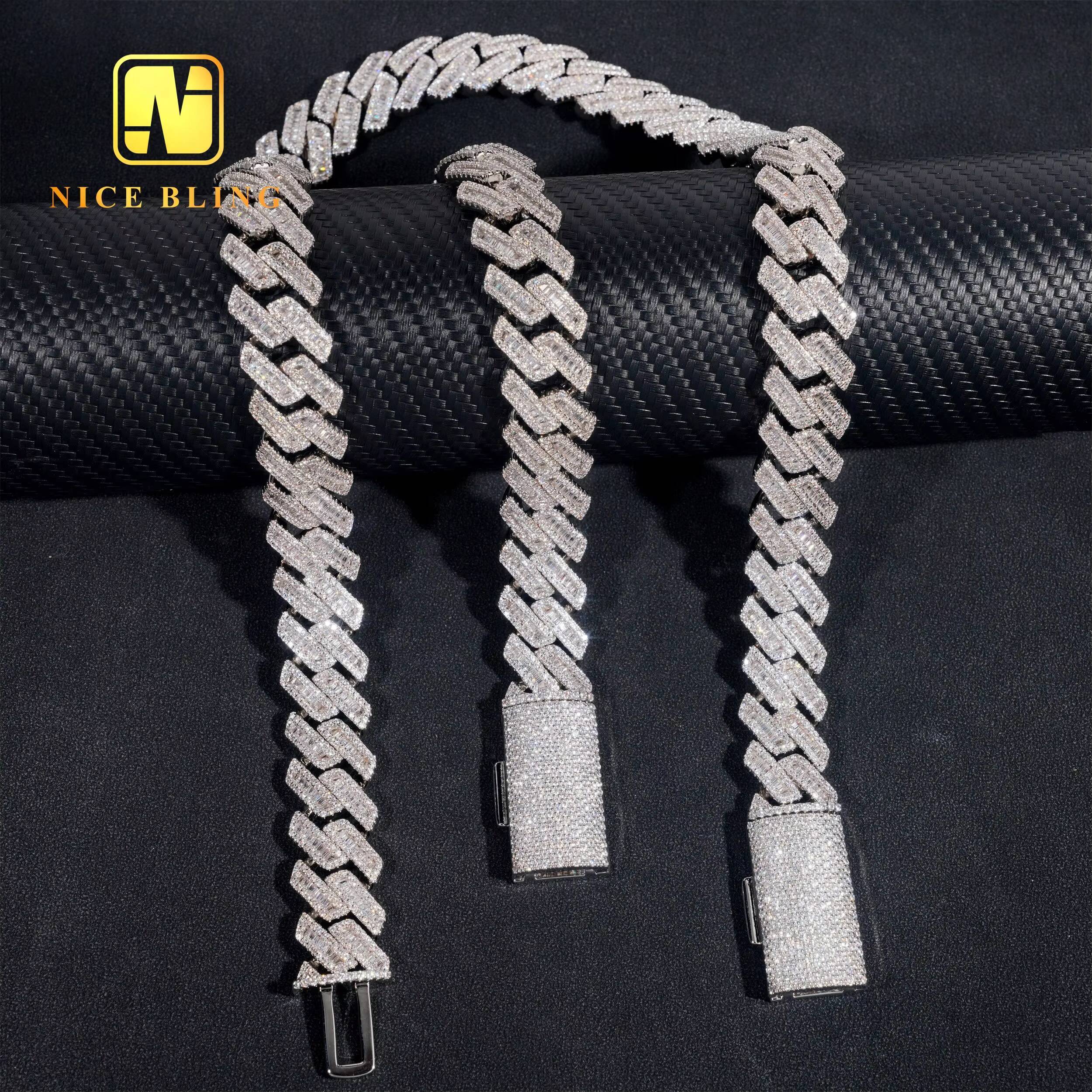17mm Cuban Link Chains Men Hip Hop Jewelry baguette CZ Diamond Necklaces Iced Out Brass Chains