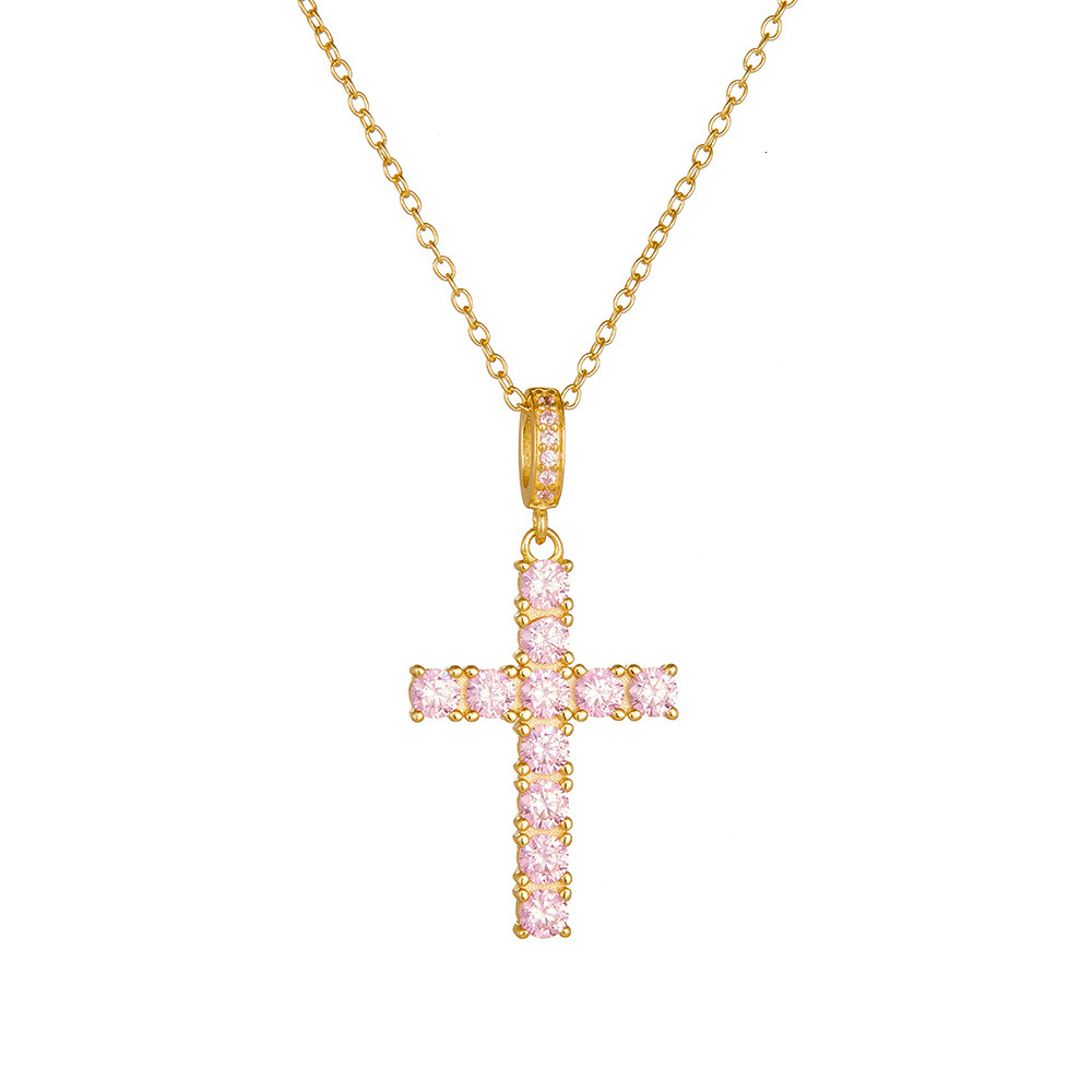 Hip Hop Cross Necklace for Women Sier Trendy Versatile Light Pink Zircon Pendant Collarbone Chain