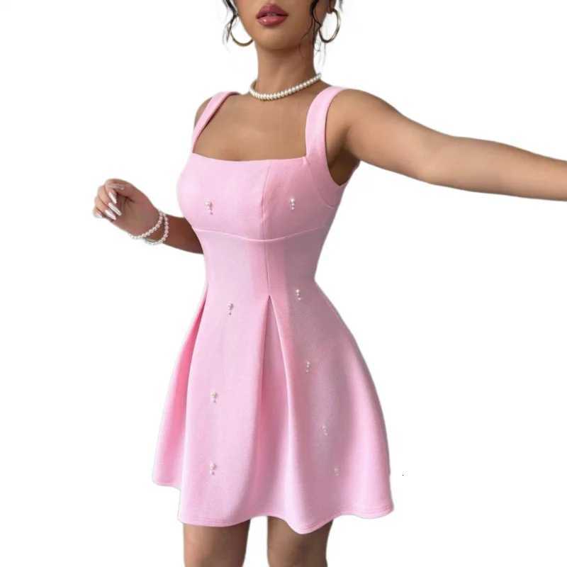 2025 Summer Women Ele Pink Suspender A-Line Dress Square Neck Slimming With Pearl Decoration Womens Sweet Party Dress XJ250814