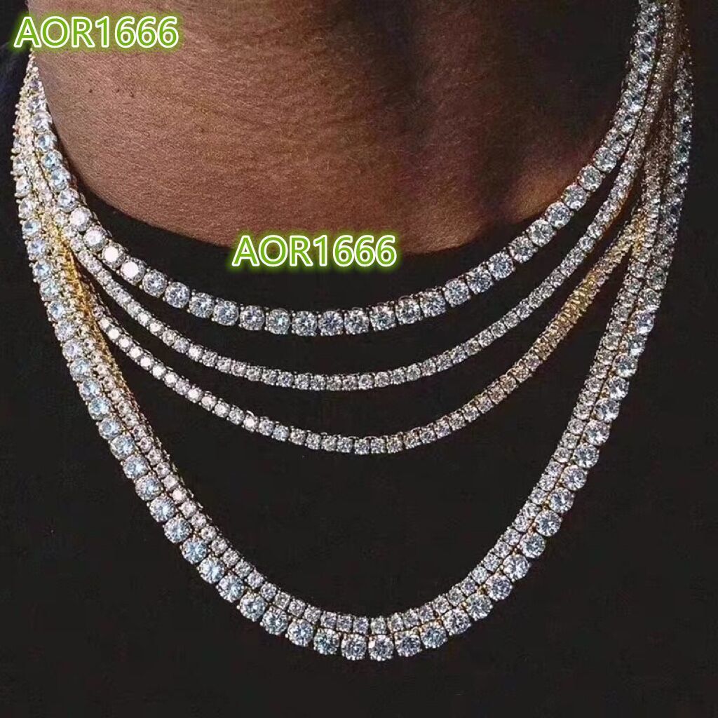 3mm 4mm 5mm Hip Hop 18K Gold Diamond Pendant Necklace; Silver Moissanite Tennis Necklace; Men's and's Hands