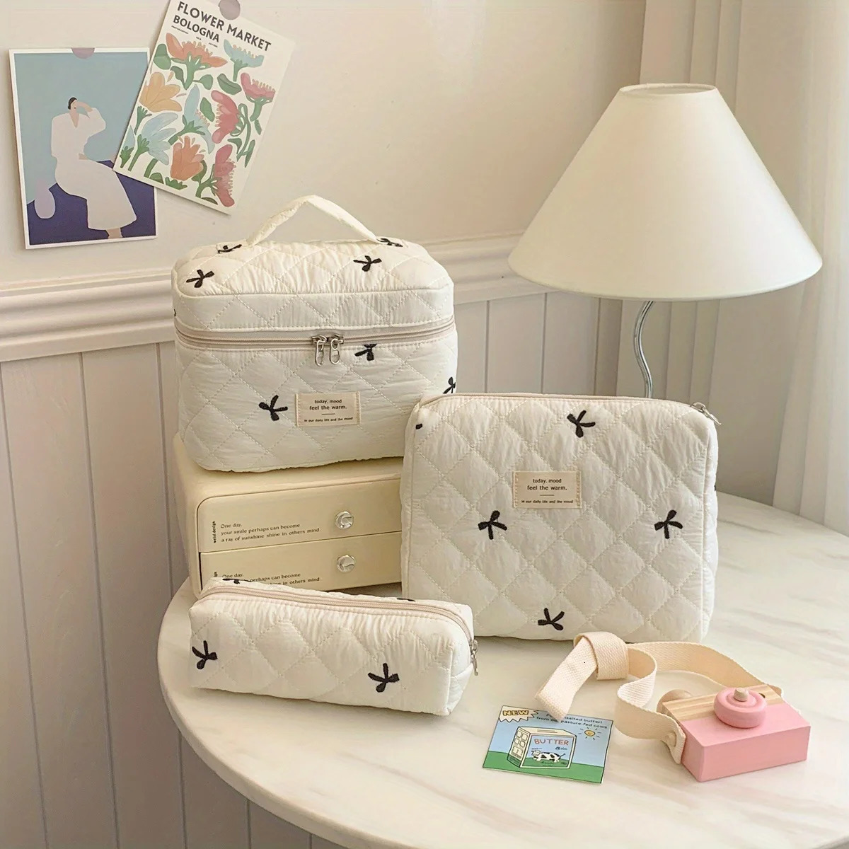 3pcs sets Cute Bow Flower Quilted Makeup Bag Women Cosmetic Organizer Female Handbag Portable Toiletry Case For Travel 250812