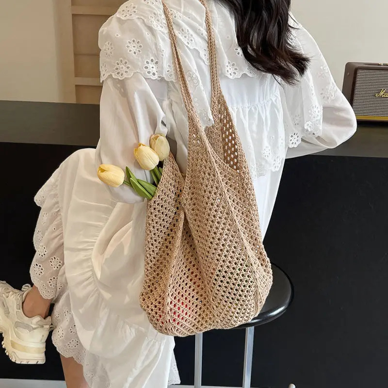 Women Crochet Tote Candy Bag Fashion Knitted Large Capacity Woven Shoulder Bags Solid Color Simple Shopping Bag for Summer Beach250813