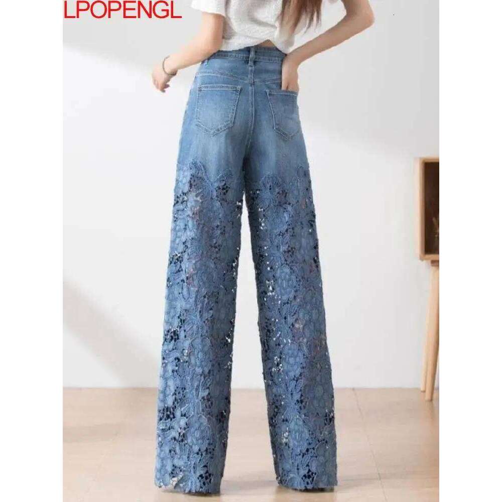 High-waisted Wide-leg Jeans Women's Fall 2023 Fashion Temperament Versatile Wisps Of Hollow Lace Panels Denim Draped Pants