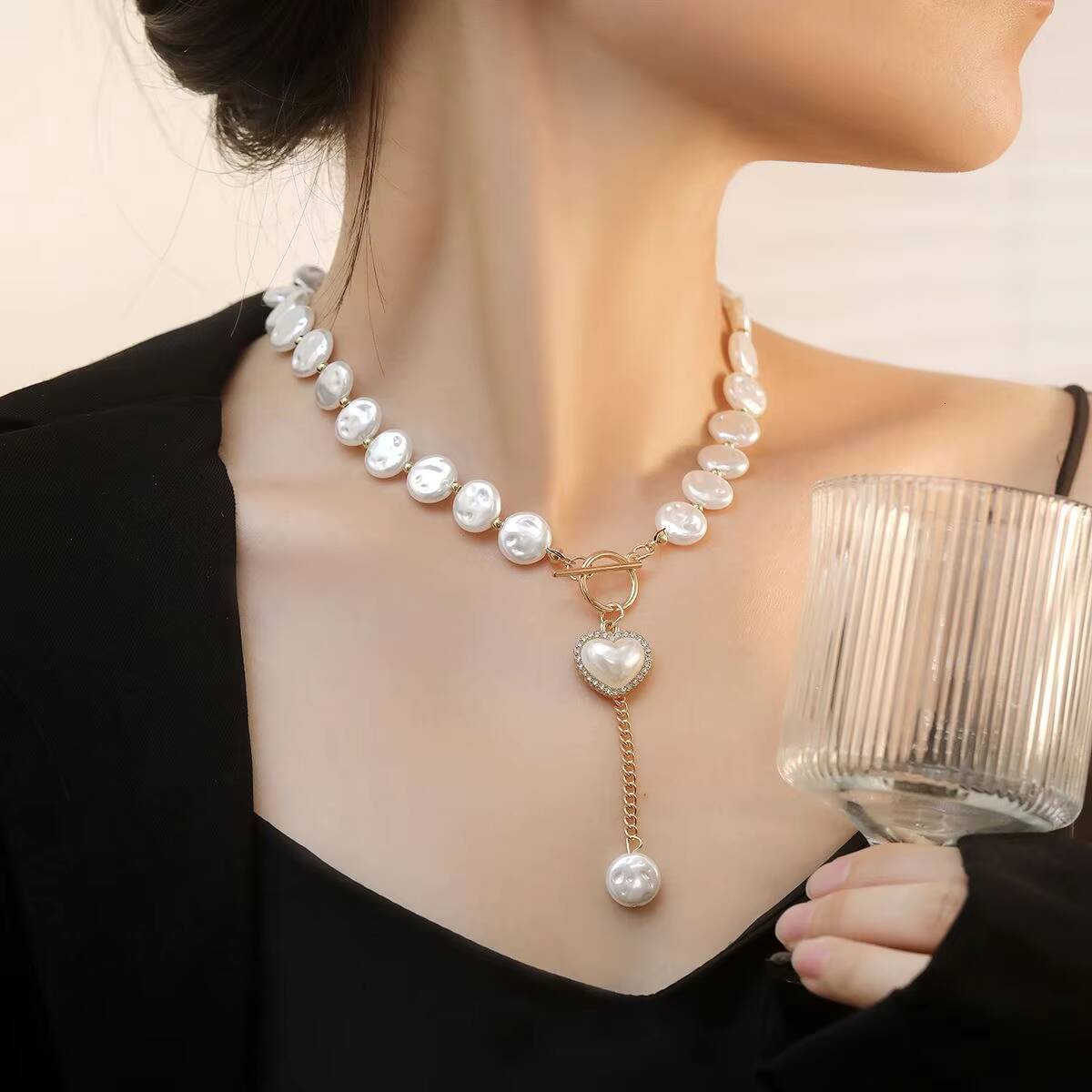 Single Layer Baroque Imitation Pearl Choker Necklace Heart Pendant Cross-border Buddhist Jewelry Set