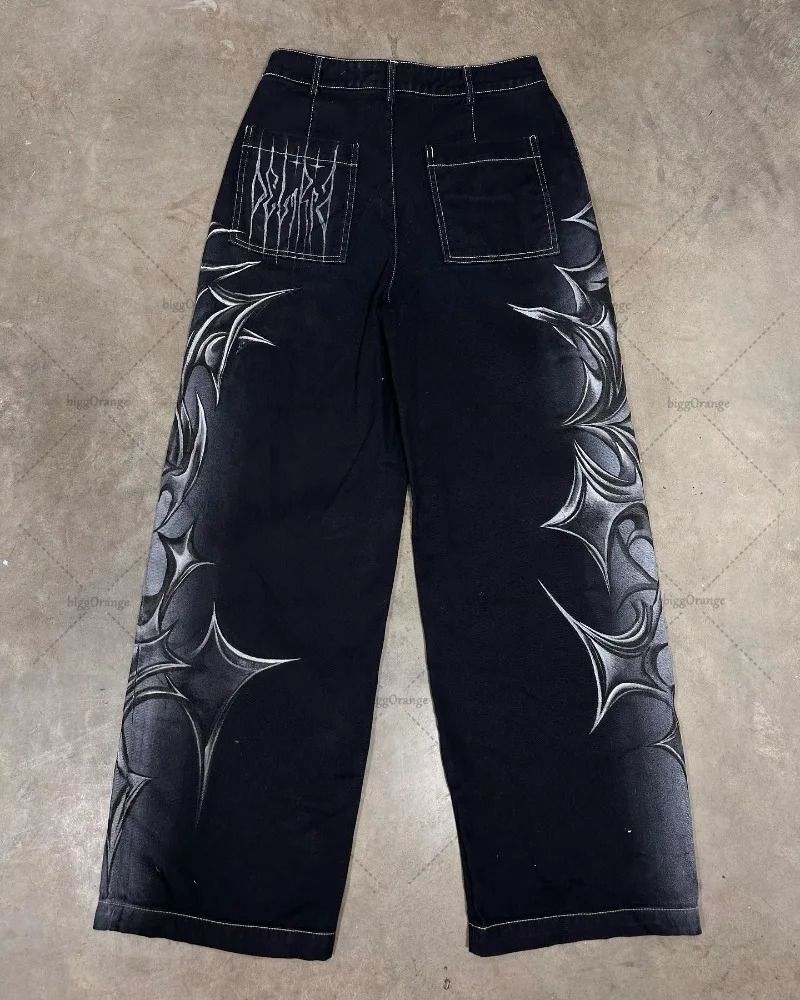 Y2K Harajuku Retro Blade Fashionable Versatile Jeans Men Street Hip-hop Casual Loose Straight Wide-leg Pants Women 250813