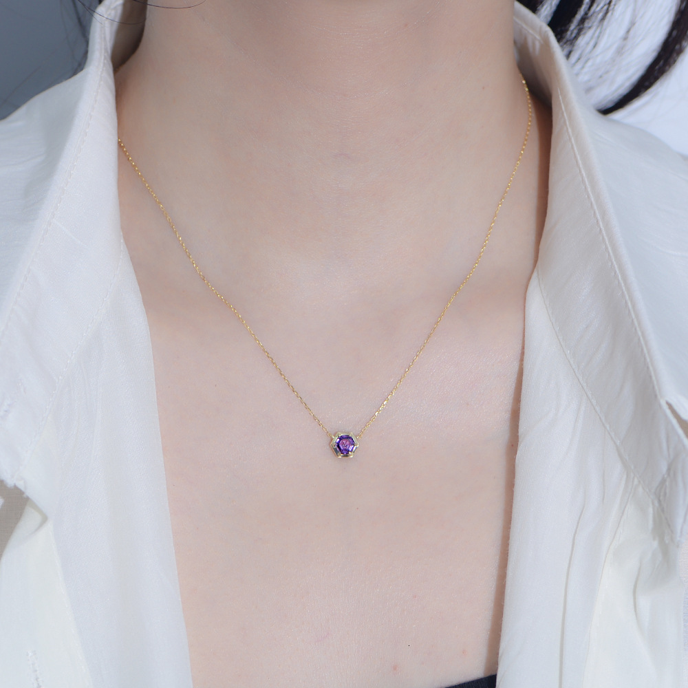 Sterling Sier Hexagonal Amethyst Zircon Pendant Necklace Light Ins Minimalist Geometric Colorful Gemstone Clavicle Chain Jewelry for Women