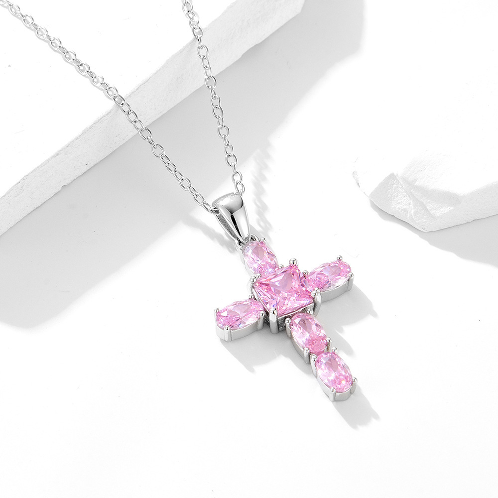 S Pure Sier Pink Zircon Cross Necklace for Women, Unique Design, Elegant and Versatile Collarbone Chain Jewelry for Women