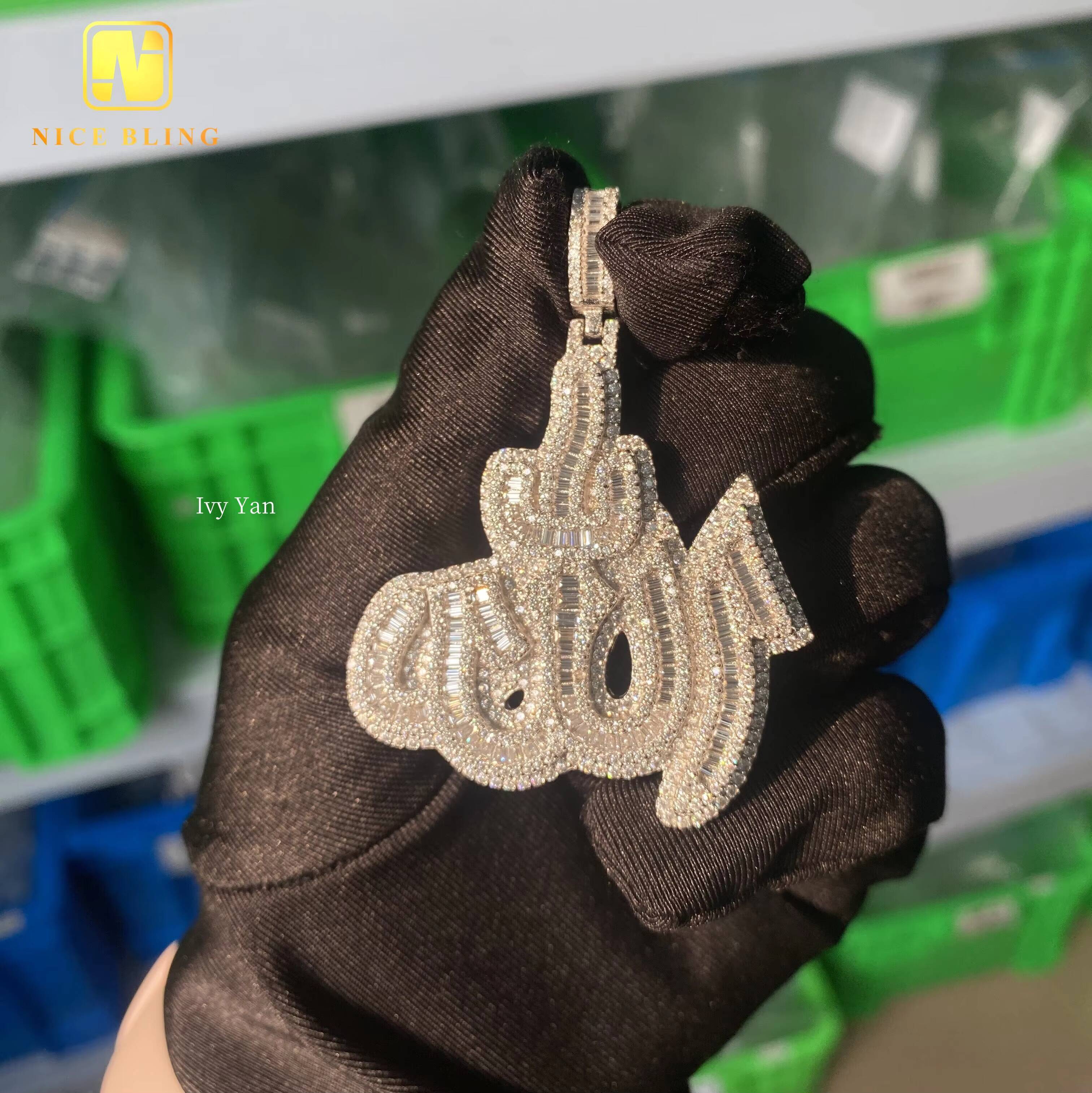 GRA Certificate Custom Made Iced Out Baguette Fine Hip Hop Unisex Jewelry Allah Charms 925 Silver VVS Moissanite Diamond Pendant