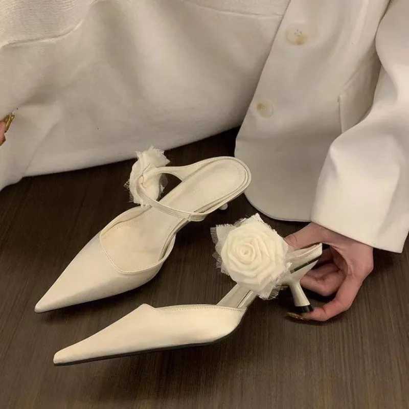 Eilyken Sexy Silk Slingback Pointed Toe Women Pumps Fashion Design Flowers Thin Heels Banquet Prom Shoes W250814