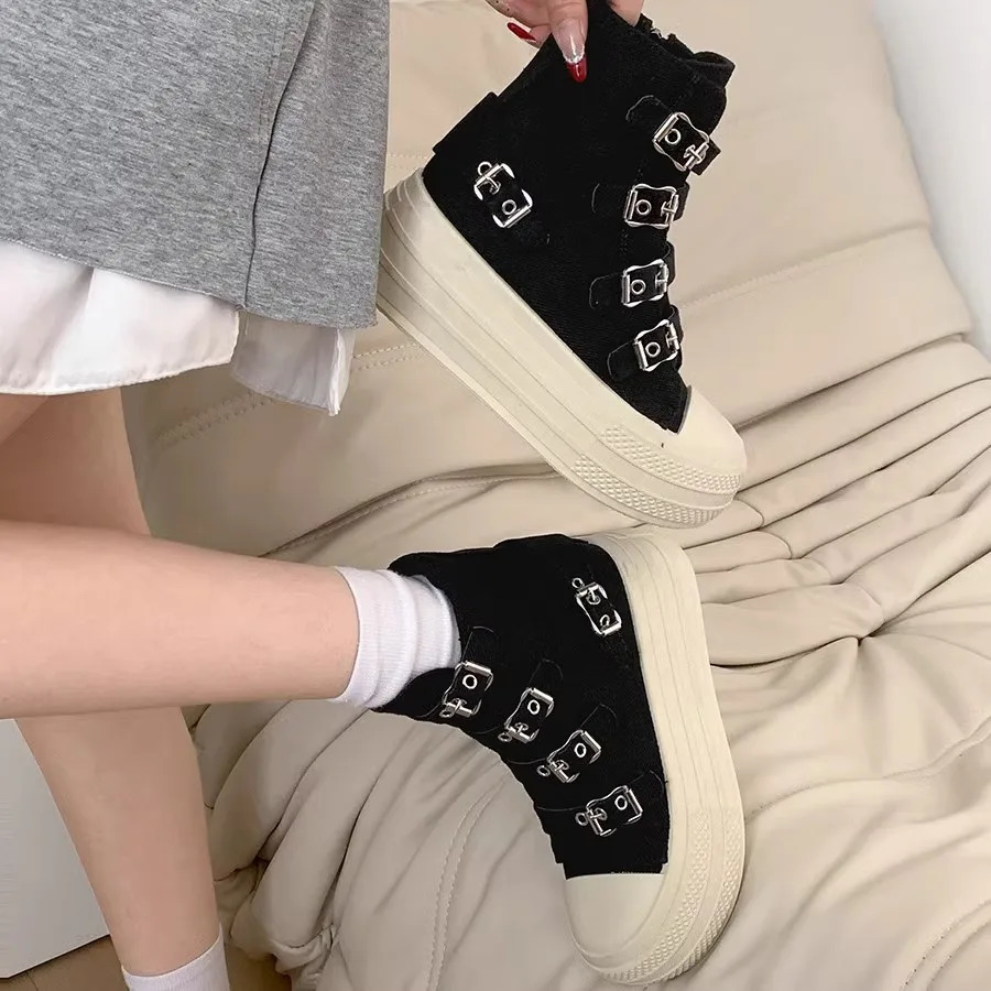 CHABELLA Womens High Top Canvas Shoe Buckle Strap Zip Simplicity Female Shoes High Street Grace Waling Shoes 250809