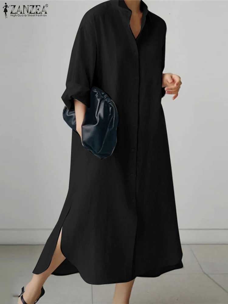 ZANZEA Women Dress Long Sleeve Solid Shirt Sundress Lapel Neck Buttons Vestidos Fashion Loose Maxi Dresses Vintage Robe Femme 250813