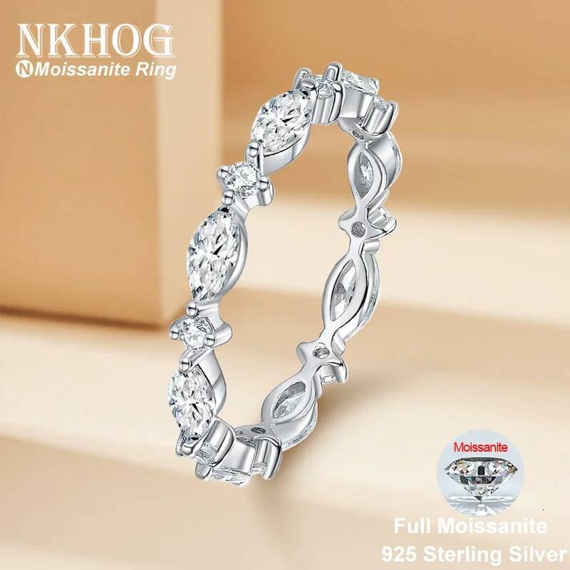 NKHOG Full Moissanite Eternity Rings 925 Sterling Silver Plated 18k Gold Women Wedding Band Marquise Rings Gift Fine Jewelry GRA