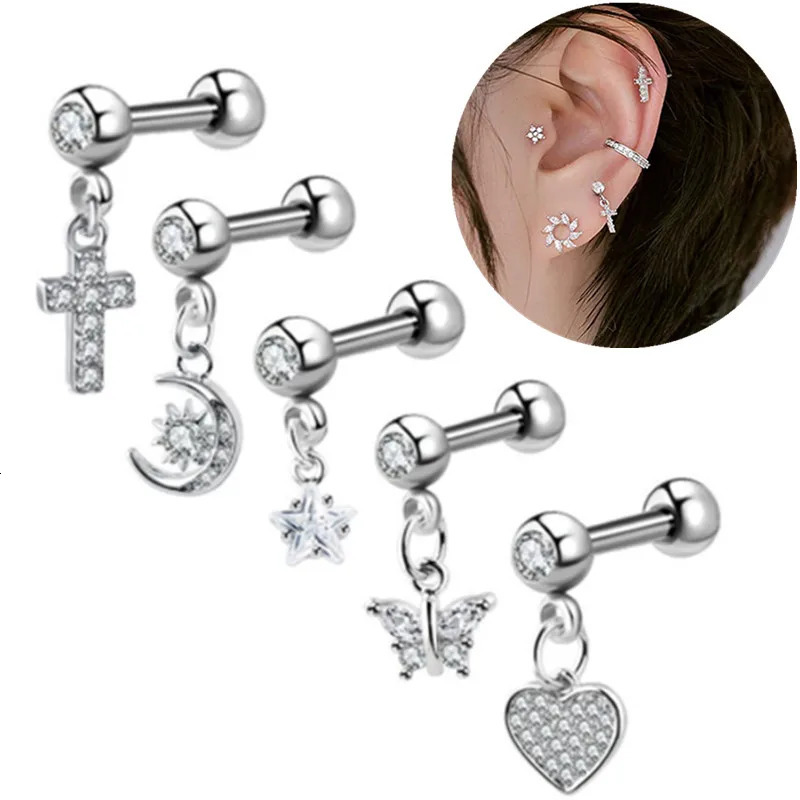 1PCS Cross Ear Tragus Piercing Earring Stud Barbell Crystal Cartilage Stud Earring Helix Piercing Daith Jewelry Rook Conch Stud 250812