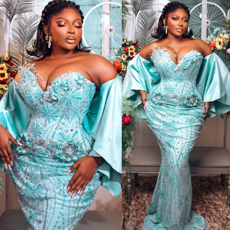 2025 Plus Size Iceblue Mermaid Prom Dresses Aso Ebi Beaded Lace Illusion Sweetheart Sexy Beaded Lace Crystals Flora Birthday Dress Second Reception Go