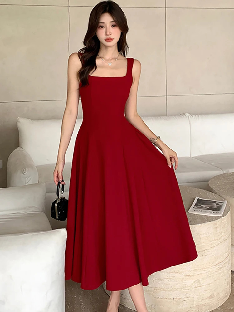 2025 White Square Collar Sling Sexy Long Dress Women Elegant Dance Party Dress Summer Korean Vintage Bodycon Vestidos 250813