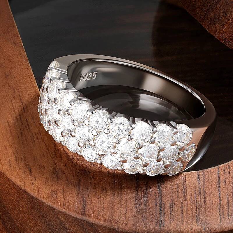 KNOBSPIN D VVS1 Moissanite Rings for Women Solid 925 Sterling Silver Plated 18k White Gold 3-Row Half Eternity Anniversary Band