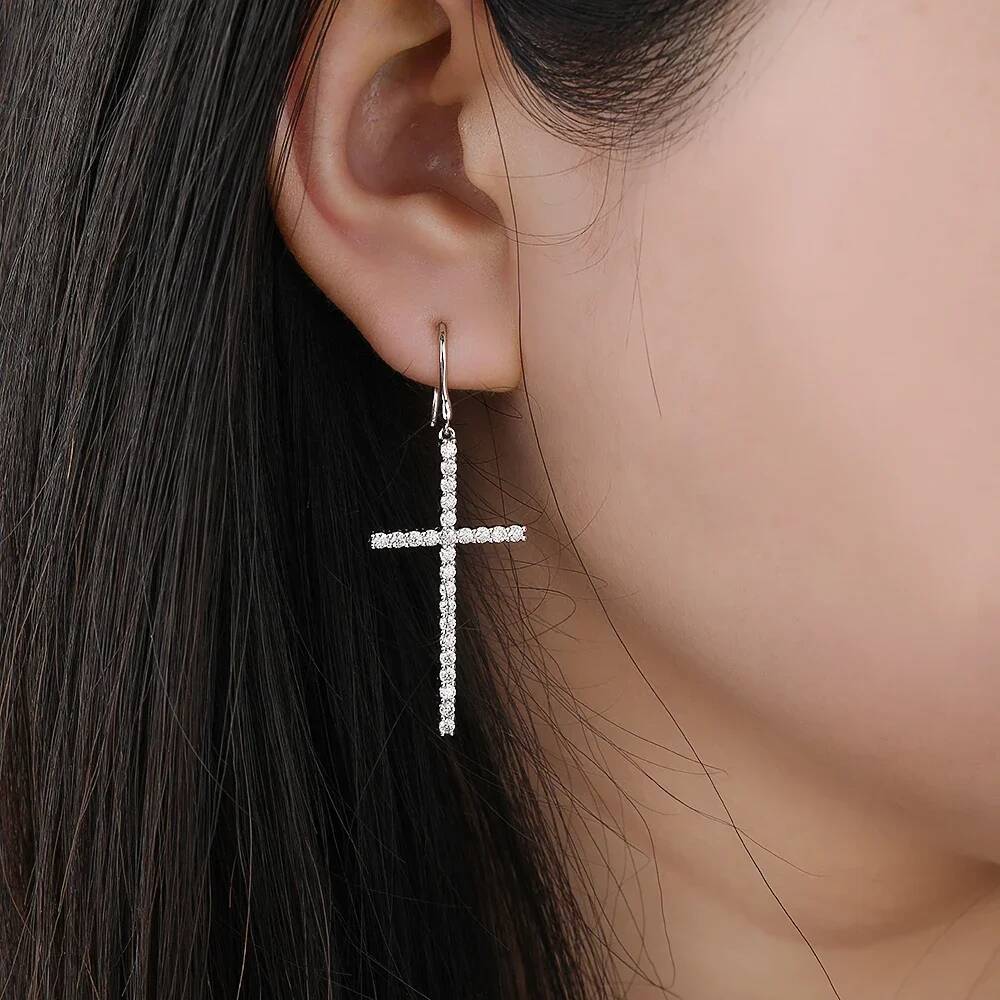 NKHOG Full 1.8mm Moissanite Cross Drop Earring 925 Sterling Silver Trendy Diamond Ear Stud For Women Party Gift Fine Jewelry GRA