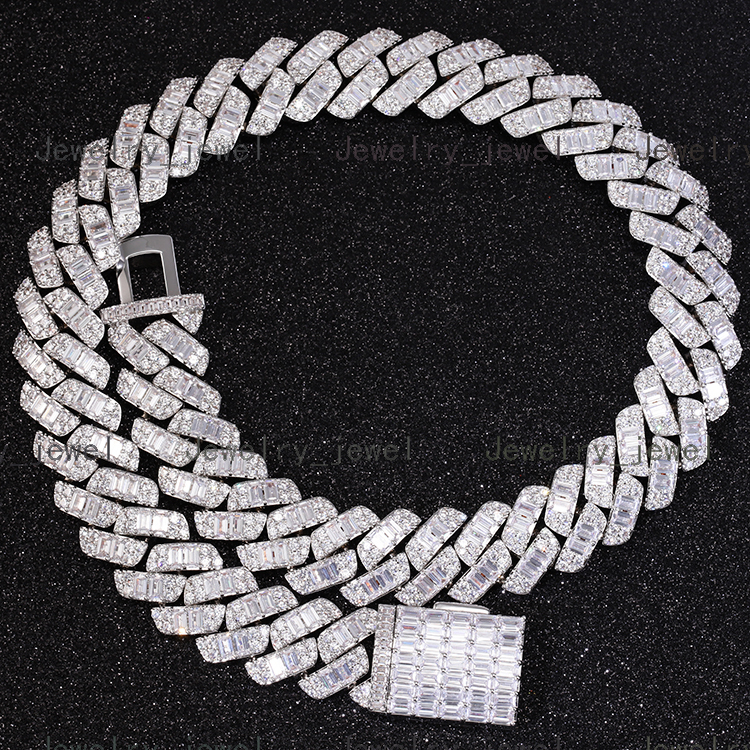 Hip Hop Fine Jewelry 925 Sterling Silver Baguette GRA Moissanite Diamond Cuban Chain Necklace for Rapper Men