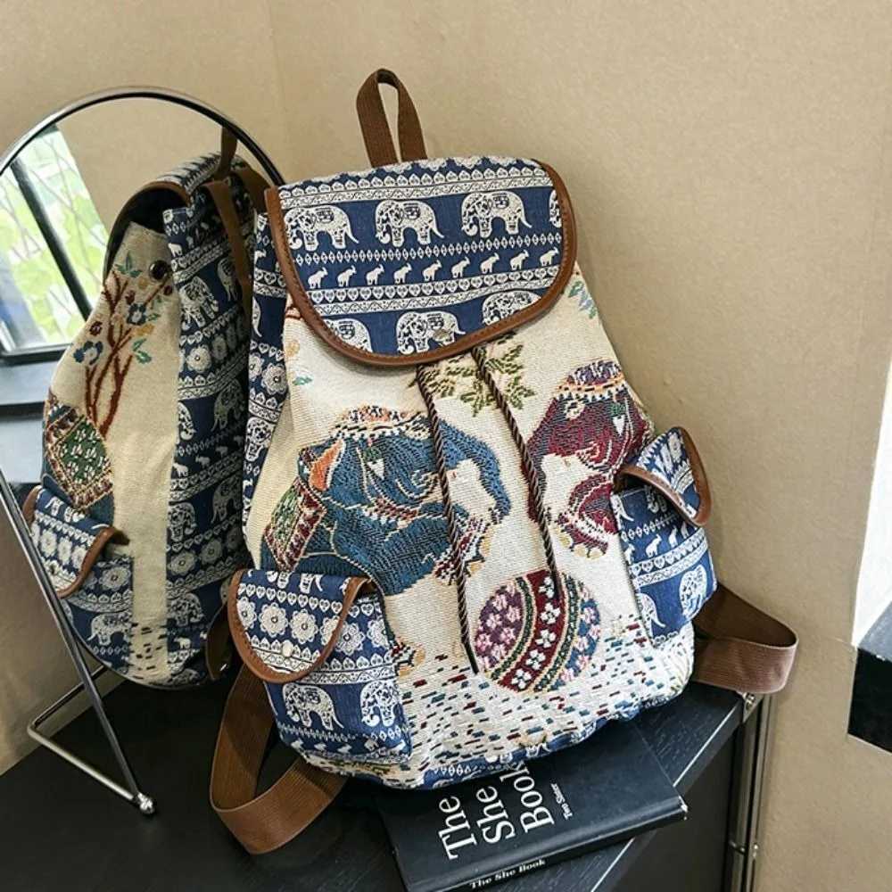 Fashion Ethnic Style Embroidery Knapsack Casual Canvas Animal Drawstring Backpack Jacquard Elephant Owl Bucket Backpack Beach XJ250814