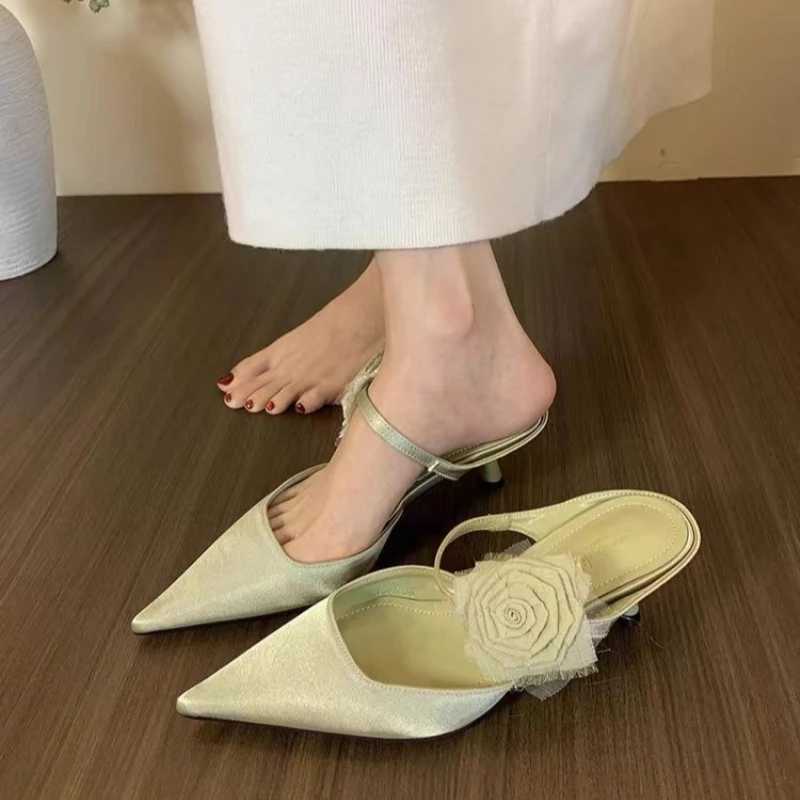 Eilyken Sexy Silk Slingback Pointed Toe Women Pumps Fashion Design Flowers Thin Heels Banquet Prom Shoes W250814
