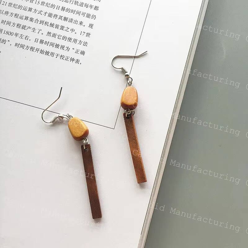 Korean Style Wood Color Contrast Geometric Earrings with Exaggerated Tassel Long Wooden Pearl Stone Accessories