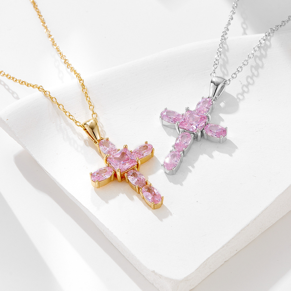 S Pure Sier Pink Zircon Cross Necklace for Women, Unique Design, Elegant and Versatile Collarbone Chain Jewelry for Women