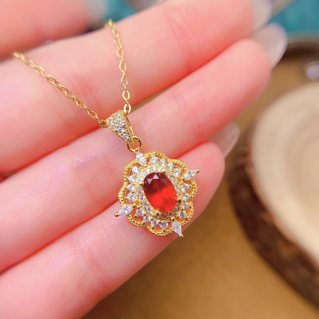 18K gold plated 925 silver fanta garnet pendant 5mm*7mm natural garnet necklace pendant 45cm 925 silver necklace