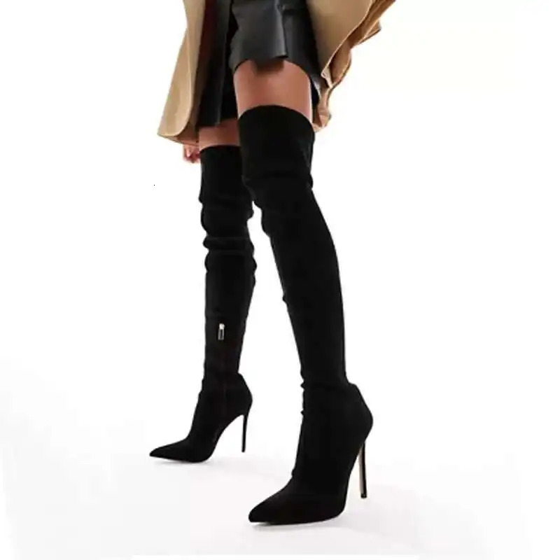 Big Size 34-46 Black Suede Women Thigh High Boot Sexy High Heels Pointed Toe Over The Knee Boots 250812